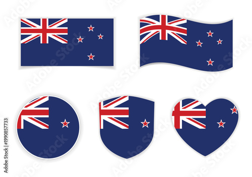 new zealand national flag with shield badge and icon set