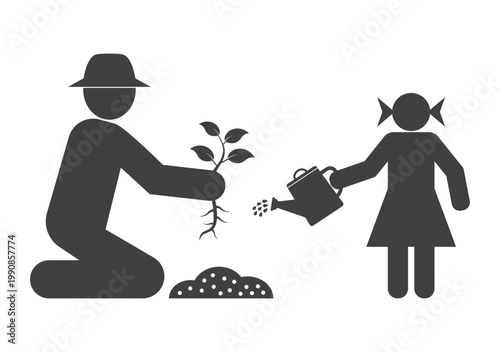 farmer person seeding sprout and girl hold watering can icon