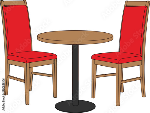 Dining Table with Two Chairs Vector Illustration Featuring Round Cafe Table and Upholstered Chairs for Restaurant Interior Furniture Seating Design