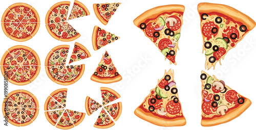 Pizza Slice and Whole Pizza Set with Various Toppings, Italian Fast Food Collection, Pepperoni, Vegetables, Cheese, and Delicious Meal Vector Illustration