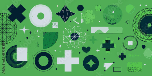 Abstract geometric shapes in varying shades of green and white