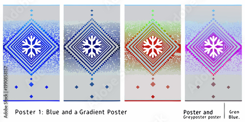 Four diamond shaped gradient designs featuring a central snowflake motif