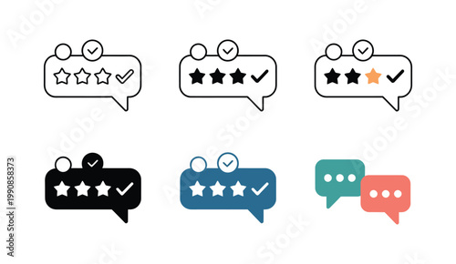 Feedback system icon, stylized speech bubbles star ratings checkmarks and comment symbols, customer review and rating concept