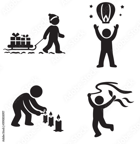 Four festive silhouette icons showing sled with gifts lantern release candle lighting and ribbon waving in simple black design