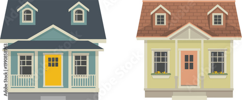 Residential houses vector illustration, suburban homes exterior architecture building design real estate property collection