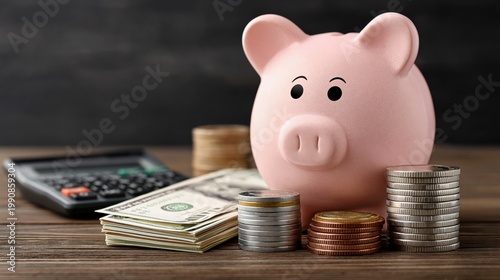 Pink piggy bank with stacks of coins and cash on a wooden table