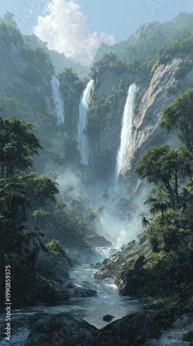 Majestic waterfalls cascade through lush green mountain landscape under a bright sky