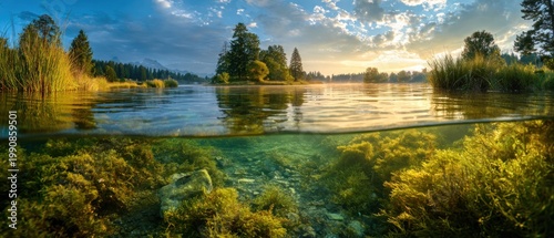 Tranquil lake view with underwater scenery and scenic sky landscape in nature
