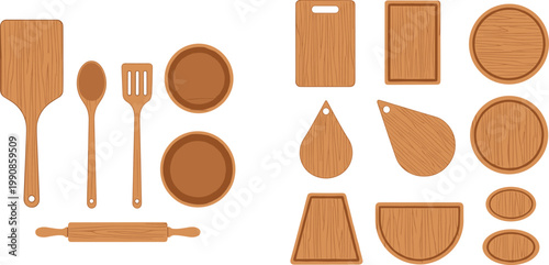 Wooden Kitchen Utensils and Cutting Board Collection Vector Illustration Featuring Spatula Spoon Fork Rolling Pin Plates and Chopping Boards for Cooking Design