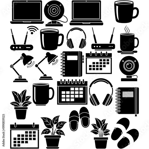 "Online Video Meeting Icon Set Featuring Webcam, Monitor, Chat, Microphone, and Devices"

