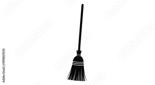 A simple black silhouette of a traditional household broom on white