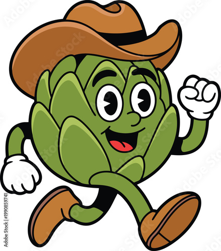 A cheerful anthropomorphic artichoke wearing a cowboy hat runs quickly