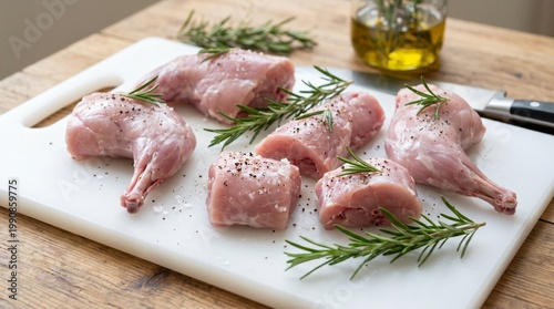 Rabbit Meat Cuisine: Raw, fresh rabbit meat elegantly arranged on a cutting board, garnished with sprigs of aromatic rosemary and a touch of olive oil.