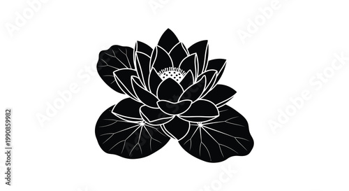 A striking black silhouette of a lotus flower with surrounding leaves