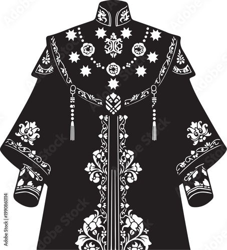 Black, embroidered, traditional, priest robe vector, ornate, christian clergy attire, decorative