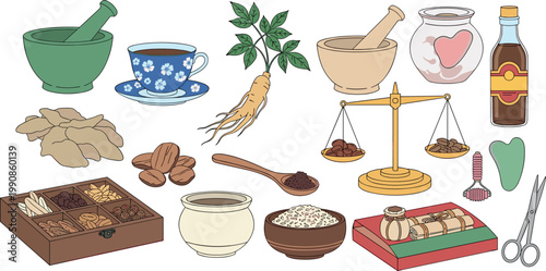Vector illustration set of traditional Chinese medicine herbal ingredients mortar pestle ginseng root and wellness tools for holistic healing.