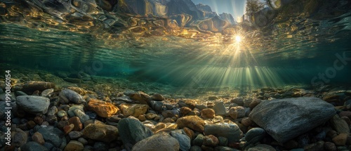 Underwater view of riverbed with sunlight shining through the water
