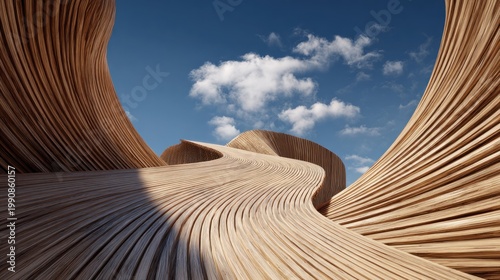Abstract wooden structure against a blue sky with clouds artistic design