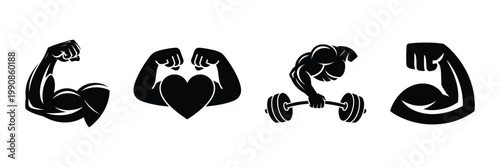 Bilde på lerret Black silhouette fitness icons with flexed arms and dumbbell