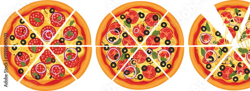 Pizza Slices Vector Set with Whole and Cut Pizzas Featuring Pepperoni, Olives, Tomatoes and Vegetables for Food Menu, Restaurant and Fast Food Design