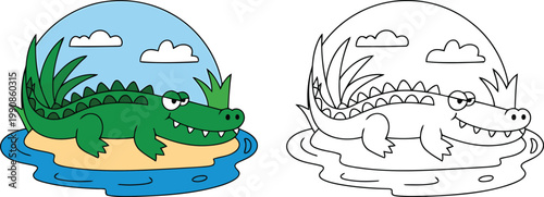 A colorful alligator and its black and white outline resting in water