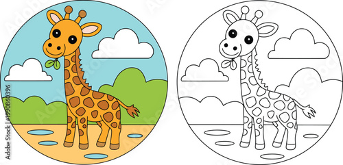 Colorful giraffe with a leafy snack and its grayscale coloring page counterpart