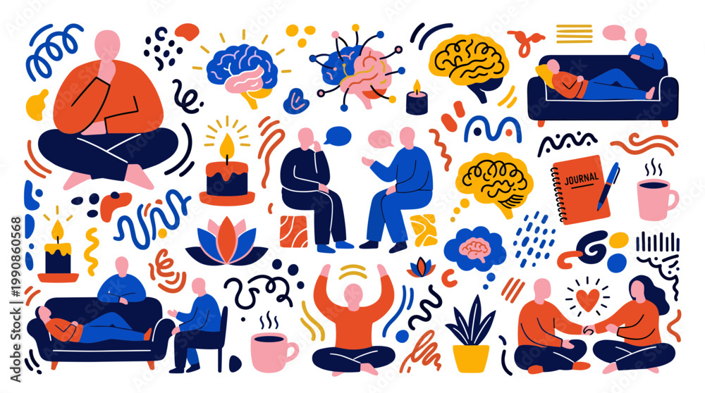 Fototapeta premium Mental health therapy session and self care illustration with people meditating talking and relaxing in a colorful abstract style