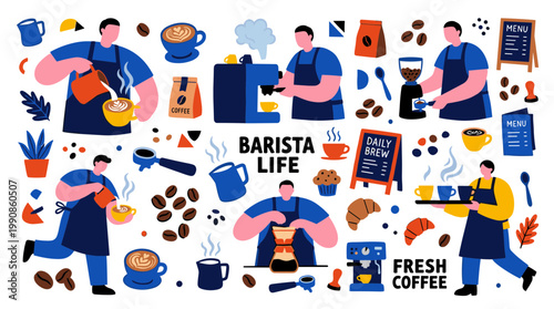 Barista making coffee with espresso machine and coffee beans, fresh brew and daily menu board, coffee shop lifestyle illustration