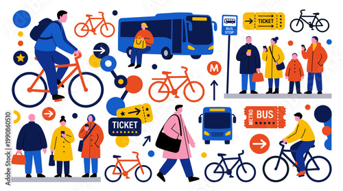 Diverse people using public transport and bicycles for sustainable urban commuting and eco-friendly city travel illustration