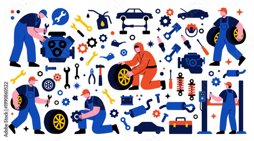 Diverse team of mechanics performing car repairs and maintenance with tools and engine parts in a workshop setting, illustrating automotive service and expertise