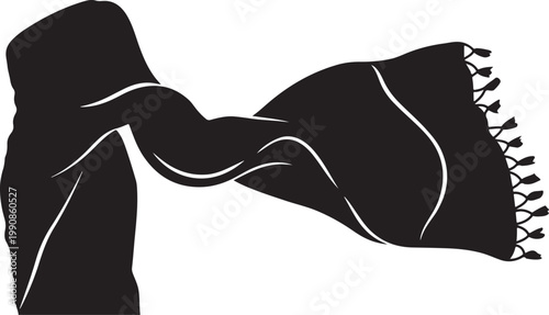 Black scarf, twisted fabric, white lines, tassel trim, vector icon