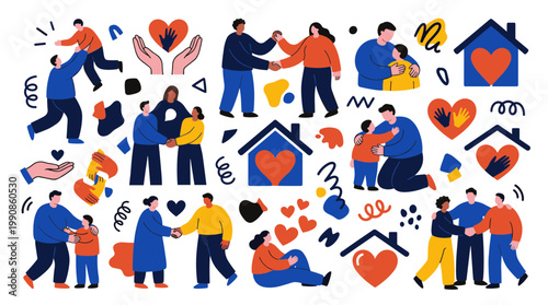 Diverse people showing support and care through hugs and handshakes symbolizing community connection and togetherness with heart and house motifs