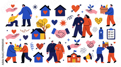 Diverse people collaborating and helping each other in community projects showing care and support with symbols of home, heart, and growth