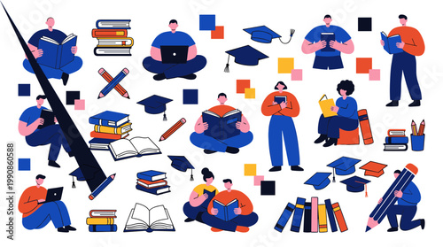 Diverse students engaged in learning and studying with books and laptops, representing education and knowledge acquisition