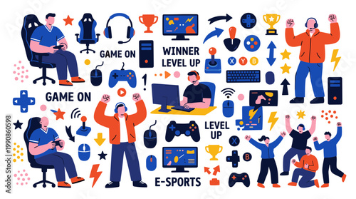 Vibrant eSports illustration celebrating gaming culture with diverse characters enjoying competitive video games and winning achievements