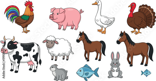 Cartoon Farm Animal Collection, Colorful Rooster, Pig, Horse, Cow, Rabbit, Duck, and More in Fun, Playful Vector Style