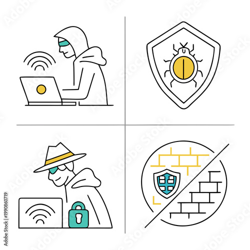 A vector graphic illustration of cybersecurity icons including a hacker, shield with a bug, a secure user, and a protected shield with a blocked wall
