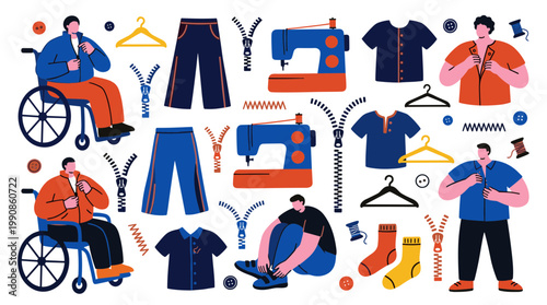 Inclusive fashion design for people with disabilities featuring adaptive clothing, zippers, sewing machines, and models in wheelchairs and seated positions