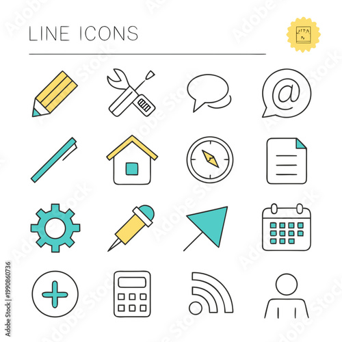 A set of modern line icons featuring various office and communication symbols