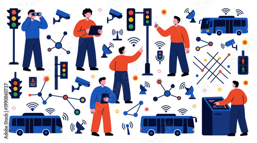 Smart city concept with connected transportation systems traffic lights surveillance cameras and people managing technology for urban innovation