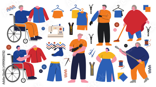 Diverse people with disabilities and adaptive clothing design, sewing and fashion for inclusivity and accessibility