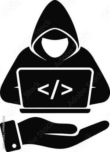 Cybersecurity hacker silhouette with laptop secure coding and digital protection concept icon