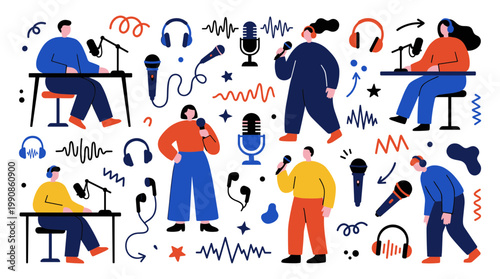 Diverse people recording podcasts using microphones and headphones in a creative studio setting with sound waves and abstract elements