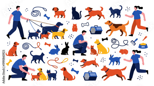 Diverse group of people and pets enjoying activities together in a playful and colorful illustration