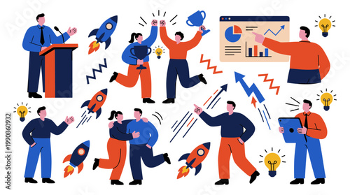 Startup success celebration with rockets and charts showing business growth and teamwork achievements