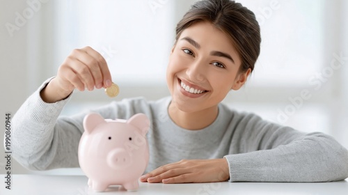Smiling young woman in gray sweater saving money in a pink piggy bank
