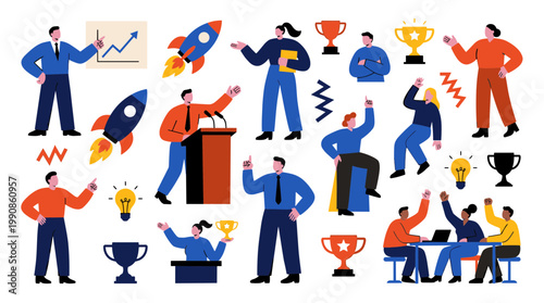 Diverse team celebrates success with presentations, rockets, and trophies symbolizing startup growth and achievement in business