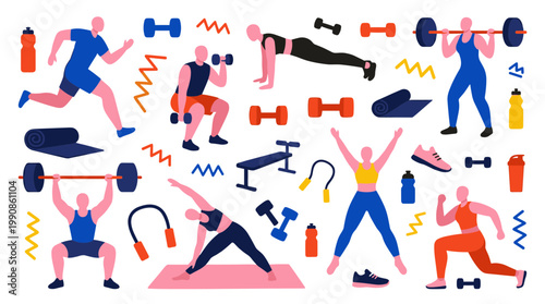 Diverse group of people engaged in various fitness activities and exercises, showcasing a healthy lifestyle and active living with colorful equipment.