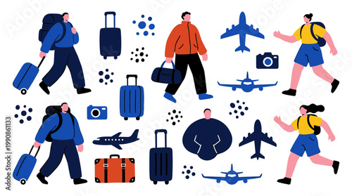 Diverse group of travelers with luggage and airplanes symbolizing journeys and vacations, modern flat illustration
