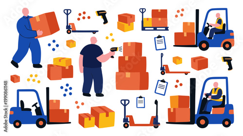 Warehouse logistics and delivery services with forklifts and workers handling packages for shipping and distribution operations